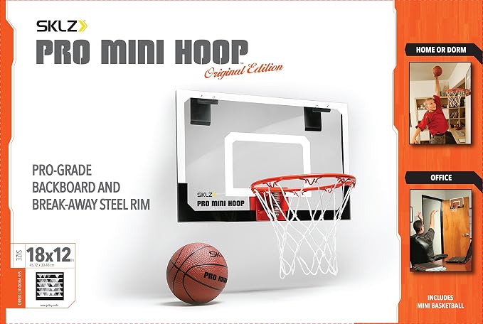 SKLZ Pro Mini Indoor Basketball Hoop with Ball, Over the Door, Shatter-Proof Backboard, Spring-Action Break-Away Steel Rim, Great for Home, Dorm Room, and Office