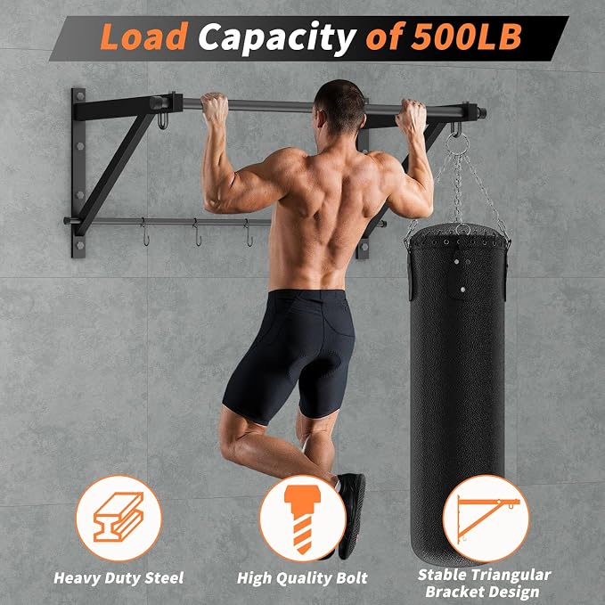 Adjustable Depth Pull Up Bar, Wall & Doorway Mounted Chin Up Bar with Hooks, Thickened Steel Construction, 500LBS Heavy Duty Capacity, Home Garage Upper Body Strength Training Equipment