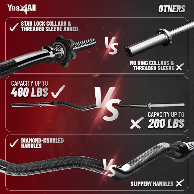 Yes4All Standard Straight Barbell 60" & EZ Curl Bar 47", Capacity 200 to 480 LB, Weight Bar 1" to 2" Diameter - Star Lock Collars, Rubber Ring, Barbell Spins Included for Deadlifts & Squats