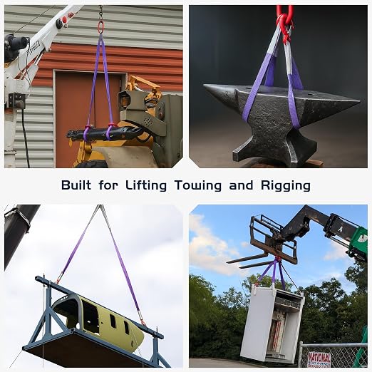 Purple 2-Leg Polyester Web Bridle Sling Assembly, 2-Pack, 5 ft x 1 in Lifting Sling with Hooks & Master Link, Tagged WLL 2200 lb Vertical / 1760 Choker / 4400 Basket