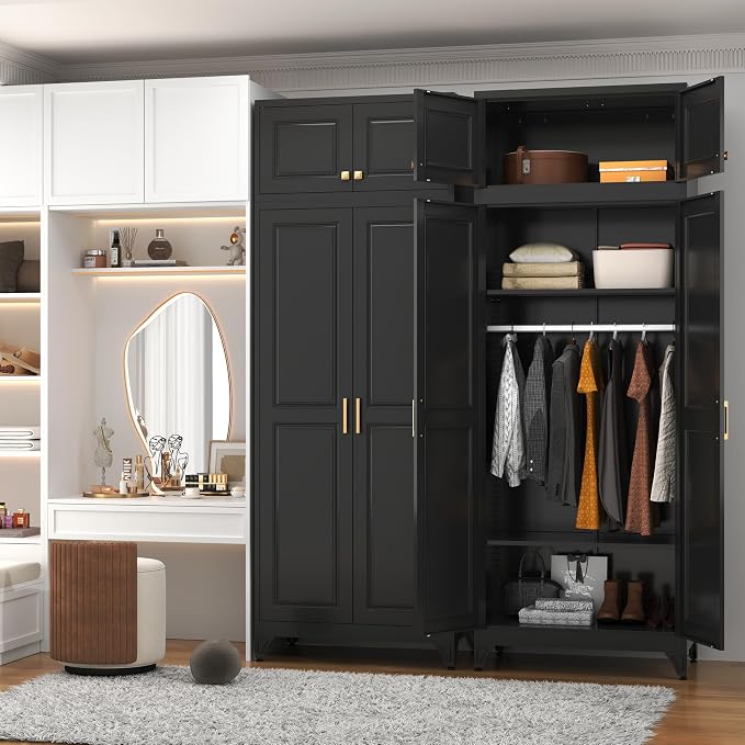 Polup 15" High Black Metal Wall Cabinet, Overhead Closet Storage Unit | Modular Steel Top Extension for 71" Armoire Wardrobe, 2 Doors, 180lbs Capacity Single Space, Mounting Hardware for Bedroom