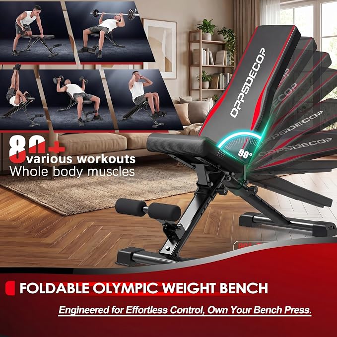 OPPSDECOR Adjustable Weight Bench, 900LBS Foldable Workout Bench | 8+4+2 Positions, 18.5in Seat Height, 20in Rear Base, Folds to 33x8x12in, Flat Incline Decline Bench Press, Under 1-Min Setup