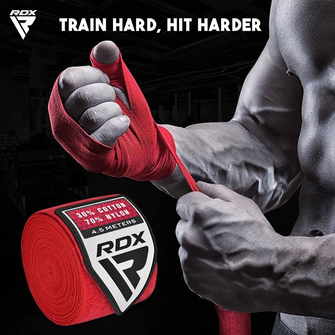 RDX Boxing Hand Wraps 4.5M / 180 Inches – Mexican Style Semi-Elastic MMA Inner Gloves - Wrist Support for Muay Thai, Kickboxing, BJJ, Karate - Thumb Loop & Hook and Loop Closure - Cotton & Nylon Blend