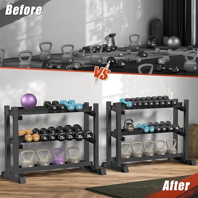 Jusgym Dumbbell Rack Stand Only, 3 Tier Adjustable Height & Angle 1200LBS | 48" Wide H-Shaped Stable Frame & Space-Saving Design, Heavy Duty Weight Rack for Home Gym, Fits Dumbbells Kettlebells, Plates