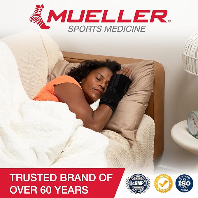 MUELLER Sports Medicine Adjustable Night Support Wrist Brace, For Sleeping, Arm Compression worn Left or Right For Men and Women, Black, One Size Fits Most