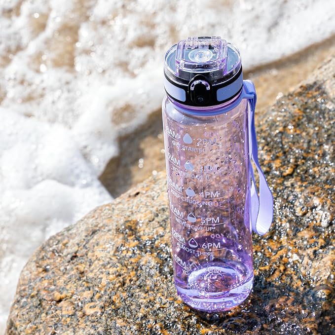 OLDLEY Water Bottle, 32oz Motivational Sports Water Bottle with Time Marker - Times to Drink - Tritan, BPA Free, Wide Mouth Leakproof,Amethyst