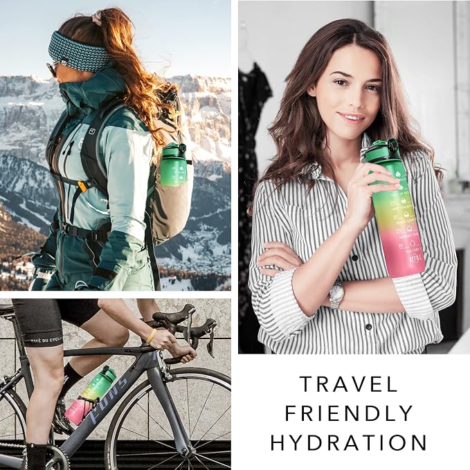 Hyeta Water Bottle with Straw & Time Marker, Plastic 32oz Leakproof | Motivational Tritan BPA Free Gym Office Outdoor Intake Tracker Hourly Reminder Straw Lid Carry Strap