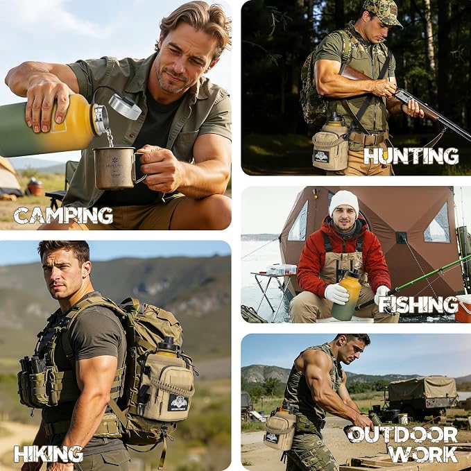 NATURE PIONEOR 64 oz Tactical Water Bottle with MOLLE Bottle Pouch & 3 Lids | 18/8 Food-grade Stainless Steel, Double Vacuum Insulation, 3 Leak-proof Lids, Handle, Strap, Camping, Hiking, Gym, Work