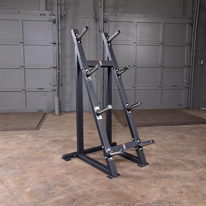 Body-Solid (GWT76) High Capacity Olympic Plate Rack - Modular Bumper & Traditional Weight Storage, Durable Steel Weight Horns, Space-Saving Wall Rest Design