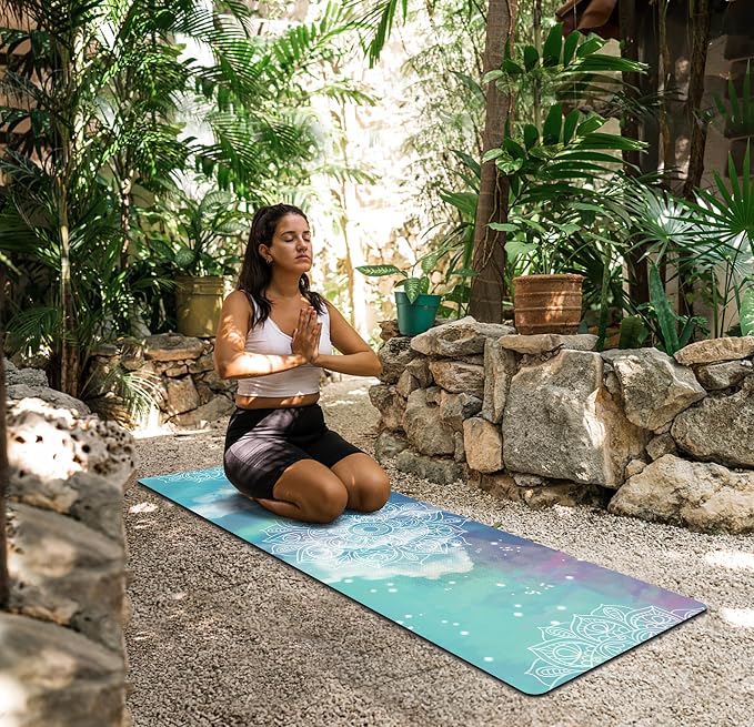 nuveti Printed Travel Yoga Mat 1/16 Inch Thick Non Slip Fitness Workout Mat | with Carrying Bag, Foldable Lightweight Suede & Natural Rubber Yoga Mat for Yoga Pilates and Fitness 72" L x 24" W x 1.5mm