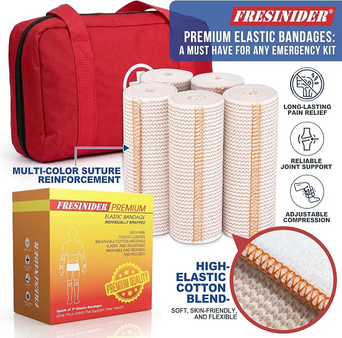 FRESINIDER Premium Elastic Bandage Wrap 5 Inch, 6 Pack, Hook and Loop | Wide 5-Inch Cotton Compression Wrap for Knee, Shoulder and Thigh; Firm Support for Sprains, Swelling and Sports Recovery.