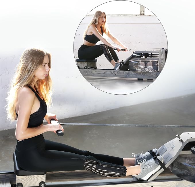 Water Rower Rowing Machine for Home Use, Solid Ash Wood Rower | Water Resistance with Smooth Natural Feel. Full Body Low Impact Cardio Trainer. Upright Space Saving Storage.
