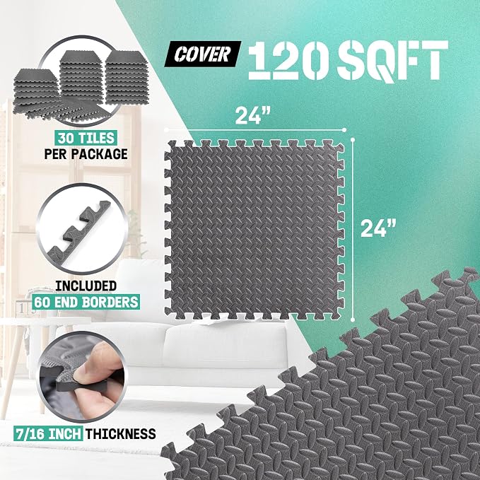 Yes4All 24SQFT-120SQFT Puzzle Exercise Mat for Home Gym, EVA Interlocking Foam Floor Tiles with Border for Workout Equipment