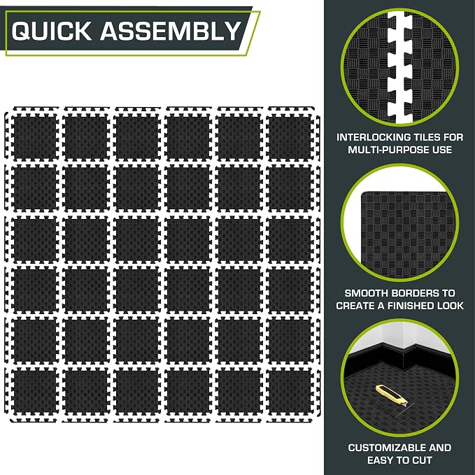 ProsourceFit Exercise Puzzle Mat ½-inch, Checkered EVA Foam Floor Tiles w/ Non-Slip Texture, Interlocking Design for Adjustable Gym Surfaces, Shock Absorbing, Black, 36 SQ FT - 36 Tiles