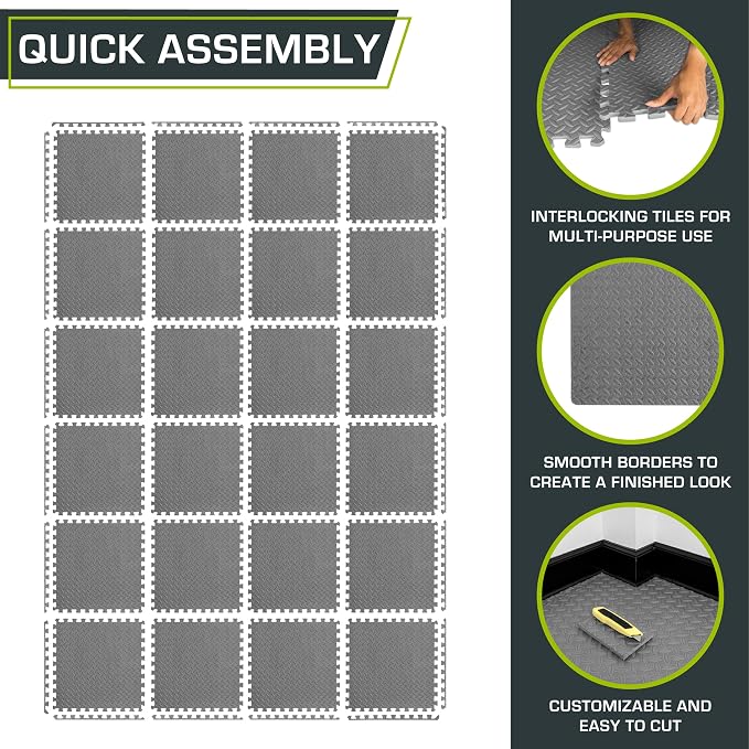 ProsourceFit Exercise Puzzle Mat 1/2-inch, EVA Interlocking Foam Floor Tiles for Home Gym, Workout Equipment, Kids Play Areas, Gray, 96 SQ FT - 24 Tiles