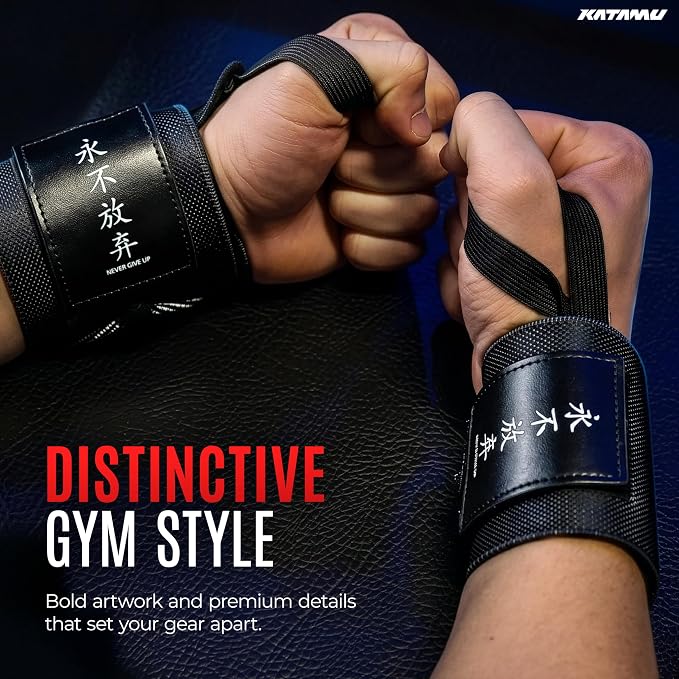 Katamu Never Give Up Premium Wrist Wraps for Weightlifting — 18 Inch | Cotton Wrist Support with Thumb Loop for Powerlifting, Bodybuilding and Bench Press, Pair