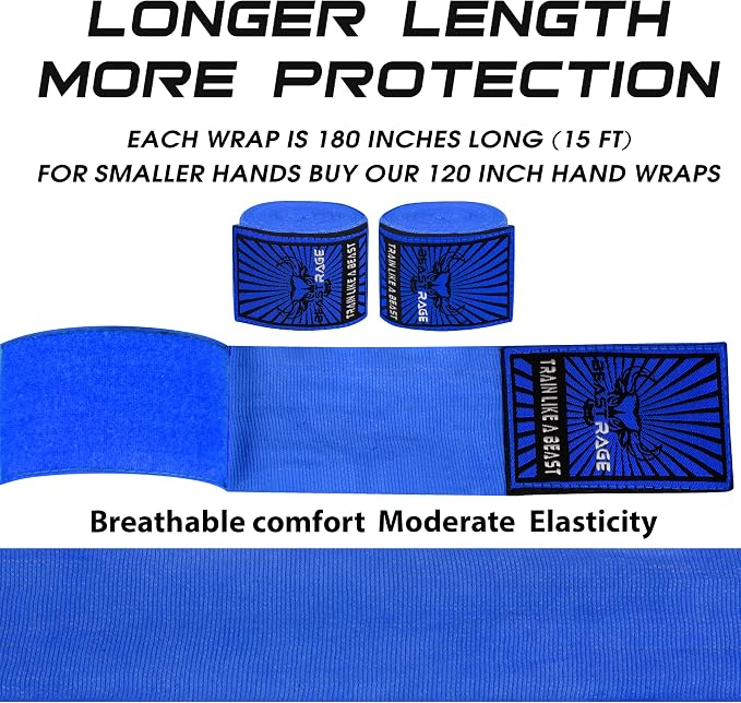 BEAST RAGE Boxing Hand Wraps for MMA Kickboxing Wrist Wraps Professional Adult 180" Semi-Elastic Martial Arts Inner Gloves Heavy Bag Handwraps Muay Thai Thumb Straps