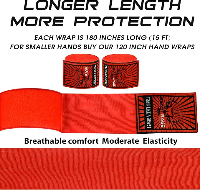 BEAST RAGE Boxing Hand Wraps for MMA Kickboxing Wrist Wraps Professional Adult 180" Semi-Elastic Martial Arts Inner Gloves Heavy Bag Handwraps Muay Thai Thumb Straps
