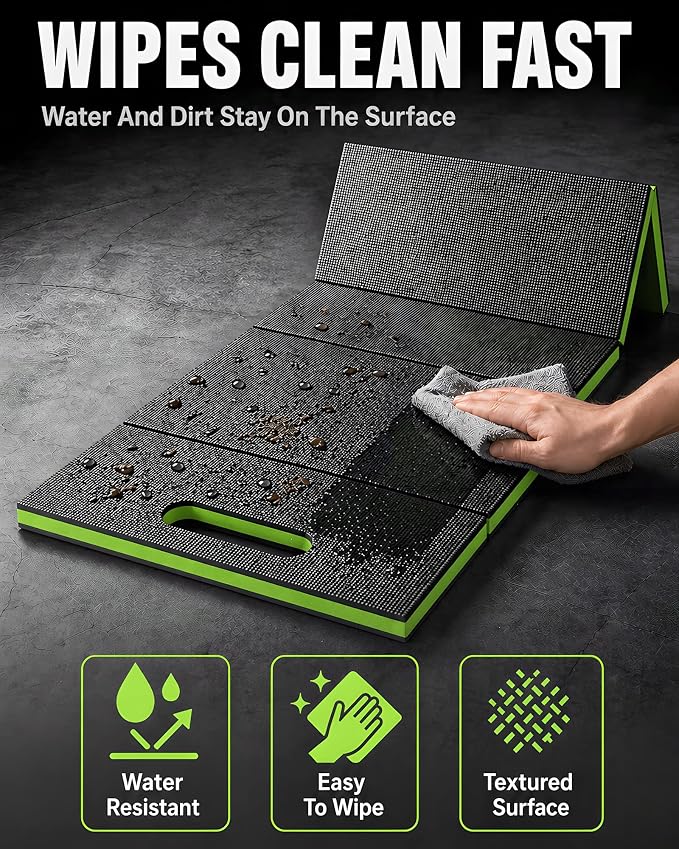 Folding Kneeling Pad, 1 Inch Thick Compact Mechanic Mat, Green | 47.24 x 15.74 Inch 6-Panel Firm Foam Pad with Tool Pockets, Carry Handle and Water-Resistant Textured Surface