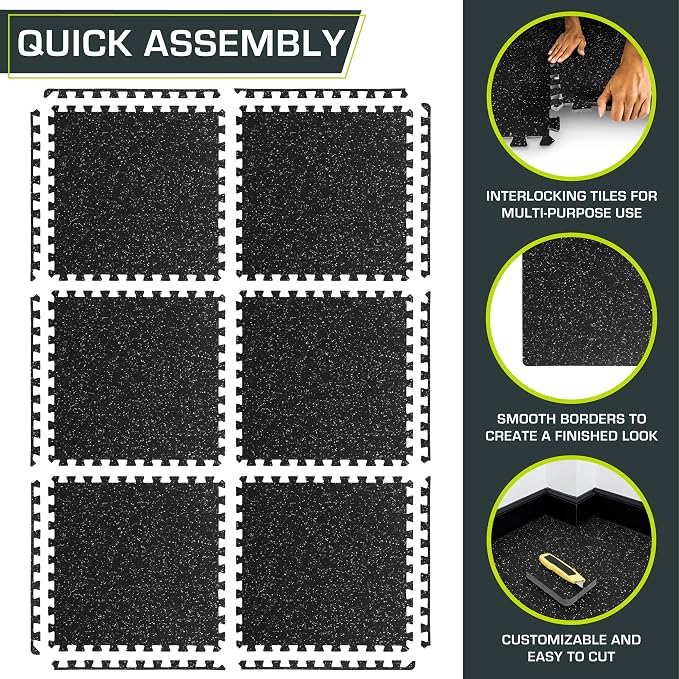ProsourceFit Rubber Top Exercise Puzzle Mat ¾-inch, EVA Foam, Protective Interlocking Tiles for Home Gym Equipment and Workouts; Grey, 24 SQ FT, 6 Tiles