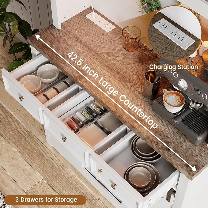 GarveeHome 72" Farmhouse Coffee Bar Cabinet with LED Lights & Power Outlets | Tall Kitchen Buffet Hutch with 3 Drawers & Wine Glass Rack, Sliding Barn Door, Ample Storage for Home Bar, White