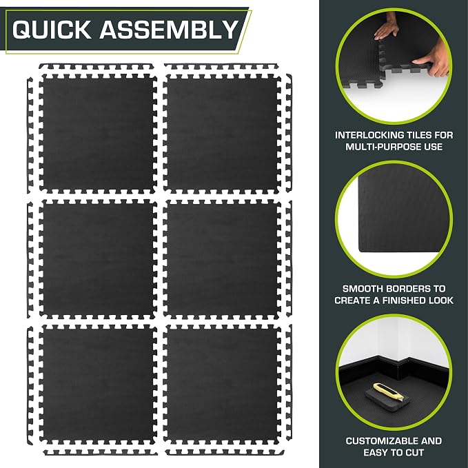 ProsourceFit Weaved Pattern Extra Thick Exercise Puzzle Mat ¾-inch, EVA Foam Interlocking Tiles for Protective, Cushioned Flooring for Home and Gym Equipment; Black, 24 SQ FT, 6 Tiles