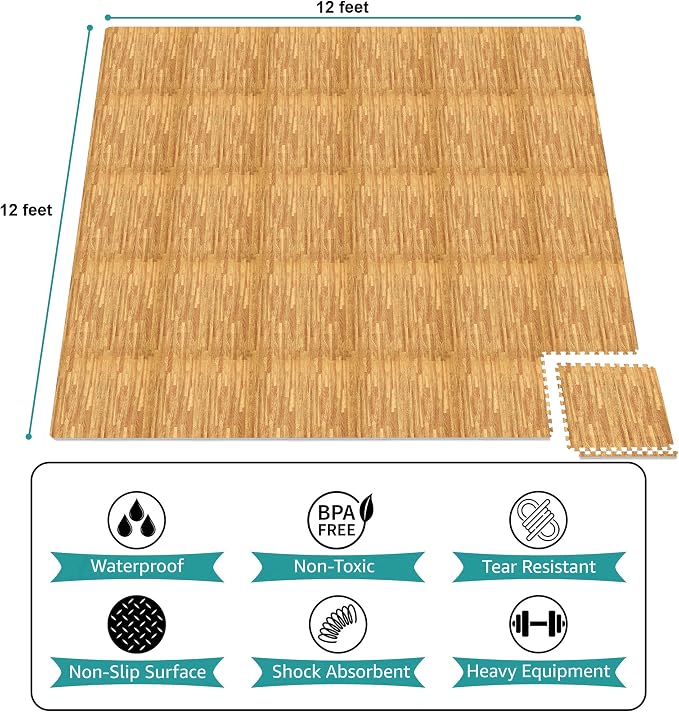 Sorbus Wood Grain Floor Tiles Foam Mat EVA Interlocking Mats Tile 3/8-Inch Thick Flooring Wood Puzzle Exercise Mats w/Borders - Home Playroom Basement, Apartment, Trade Show, Baby, Dance