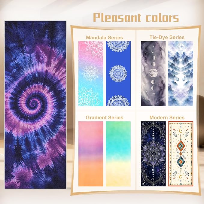 Yoga Mat Towel Non Slip Ultra-Absorbent Hot Yoga Towel, Super Stylish Printed Sweat Hot Yoga Towel, Ideal for Home, Workouts, Pilates, Yoga, 72 x 27in, Purple & Black Tie Dye