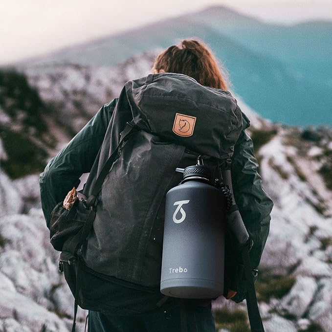 Trebo One Gallon Water Bottle Insulated with 3 Lids, Paracord Handle & Bag | 128 oz Large Stainless Steel Water Jug, Triple Wall Vacuum Copper Plated, Dishwasher Safe, Keeps Cold 48 Hrs for Hiking, Gym