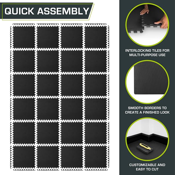 ProsourceFit Weaved Pattern Extra Thick Exercise Puzzle Mat ¾-inch, EVA Foam Interlocking Tiles for Protective, Cushioned Flooring for Home and Gym Equipment; Black, 96 SQ FT, 24 Tiles