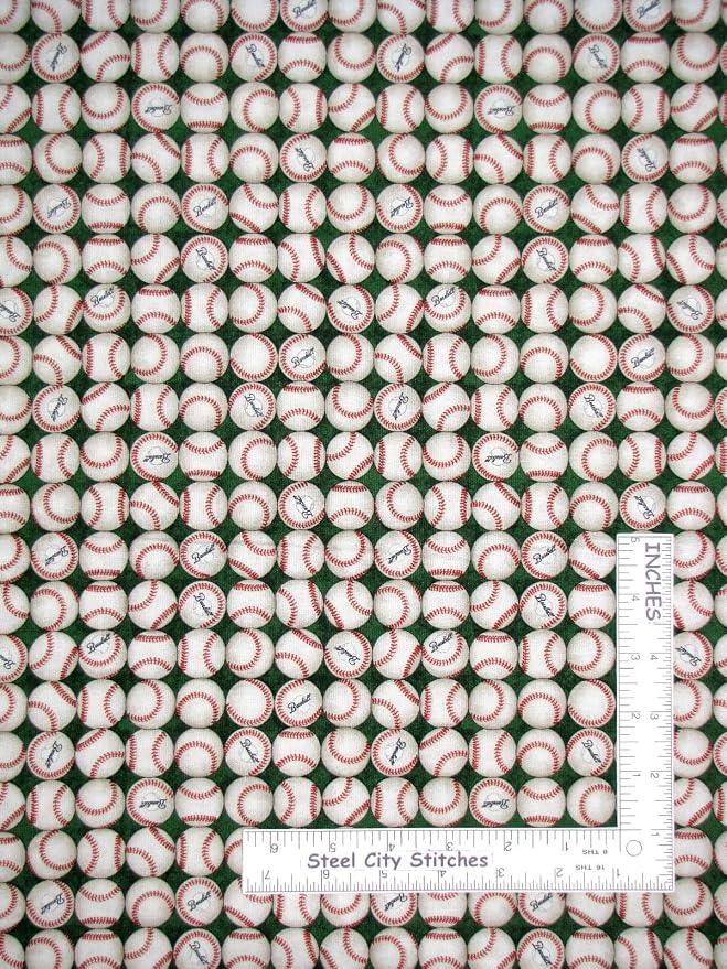 FlashPhoenix Quality Sewing Fabric – Baseball Sports Base Balls on Green Cotton Fabric Grand Slam 36" x 44"