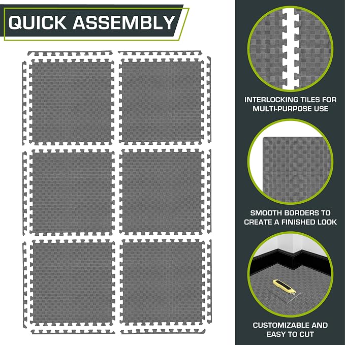 ProsourceFit Exercise Puzzle Mat 1-inch, Checkered EVA Foam Floor Tiles w/Non-Slip Texture, Interlocking Design for Adjustable Gym Surfaces, Shock Absorbing, Grey, 24 SQ FT - 6 Tiles