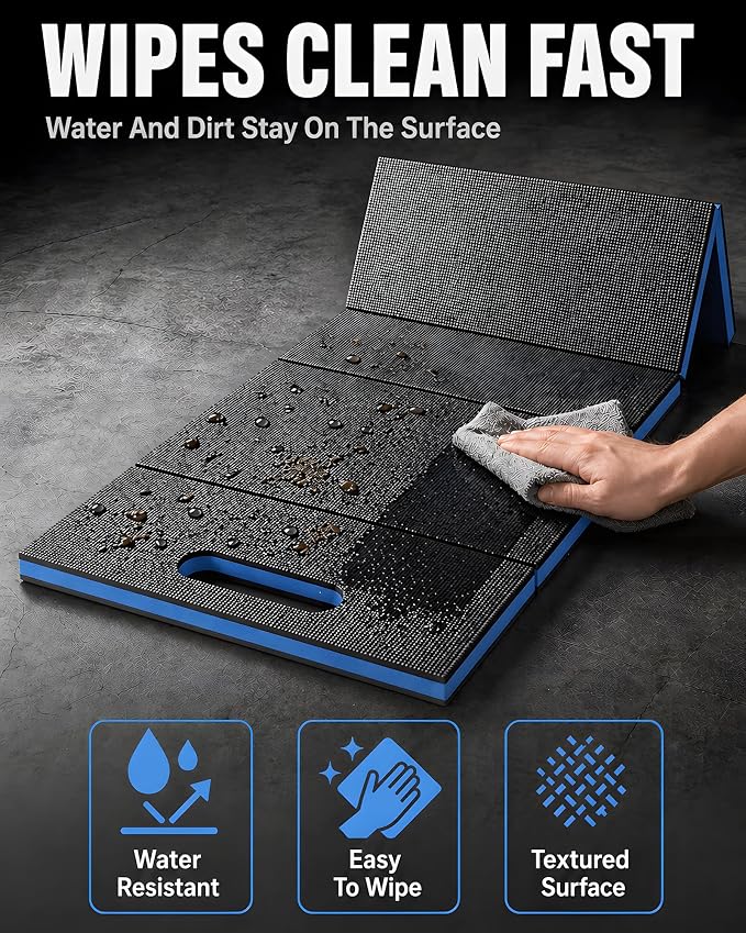 Folding Kneeling Pad, 1 Inch Thick Compact Mechanic Mat, Blue | 47.24 x 15.74 Inch 6-Panel Firm Foam Pad with Tool Pockets, Carry Handle and Water-Resistant Textured Surface