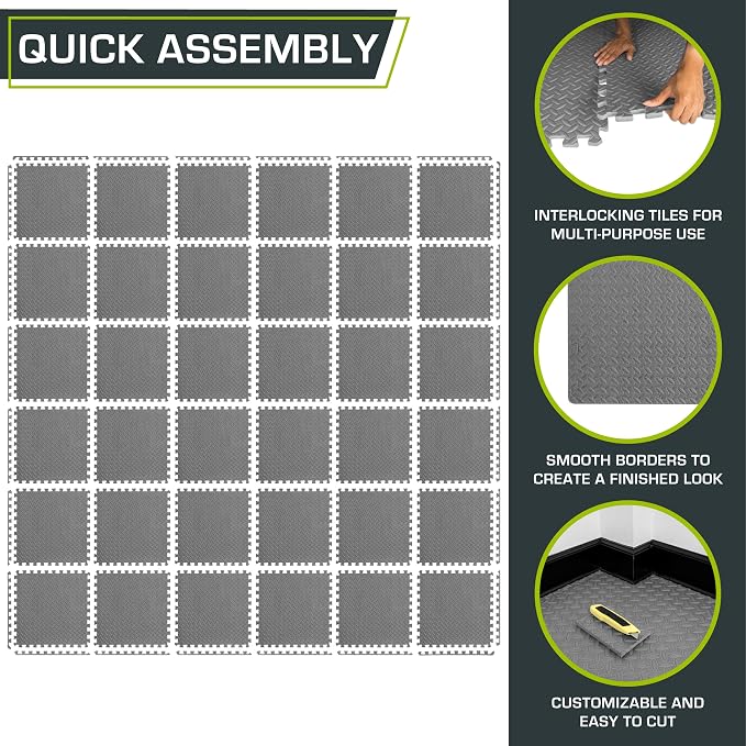 ProsourceFit Exercise Puzzle Mat ½-inch, EVA Interlocking Foam Floor Tiles for Home Gym, Workout Equipment, Kids Play Areas, Grey, 144 SQ FT - 36 Tiles