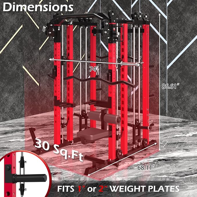 Power Rack and Smith Machine, Multi-Functional Power Cage with LAT Pulldown | All-in-One Squat Rack with Cable Pulley System, 2000LBS Weight Rack with Training Attachments for Home Gym