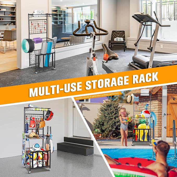 PLKOW Sports Equipment Storage for Garage, Indoor/Outdoor Sports Rack for Garage, Ball Storage Garage Organizer with Basket and Hooks,Toy/Sports Gear Storage