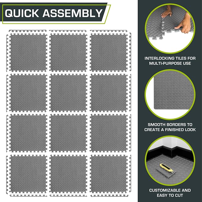ProsourceFit Exercise Puzzle Mat ½-inch, EVA Interlocking Foam Floor Tiles for Home Gym, Workout Equipment, Kids Play Areas, Grey, 48 SQ FT - 12 Tiles