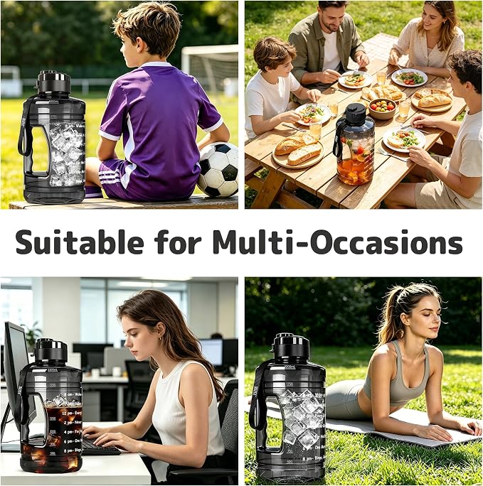 Large Water Bottle with Motivational Time Marker & Straw & Handle,2 Lids | BPA Free,Gallon Water Jug, Half Gallon water Bottle for Sport Gym Camping Workout Outdoors Yoga (Clear Black)