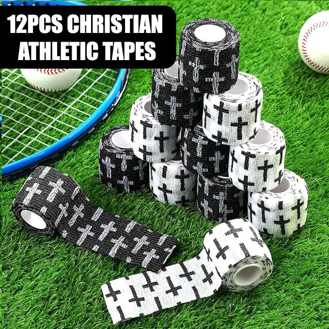 Geiserailie 12 Pack Christian Athletic Tapes 2 Inch x 5 Yards Self Adhesive Bandages Sports Wraps Breathable Elastic Wrap Non Woven Bandage for Wrist, Ankle, Baseball Football (White and Black)