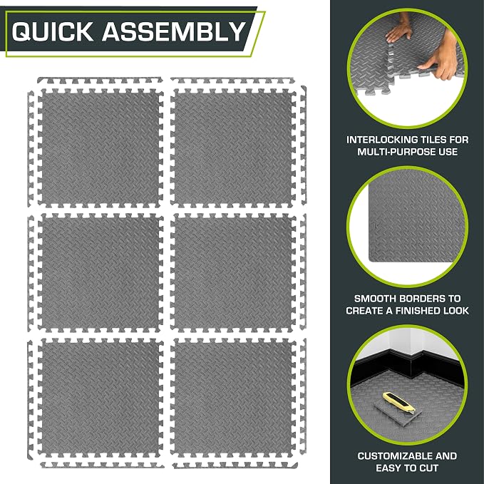 ProsourceFit Exercise Puzzle Mat ½-inch, EVA Interlocking Foam Floor Tiles for Home Gym, Workout Equipment, Kids Play Areas, Grey, 24 SQ FT - 6 Tiles