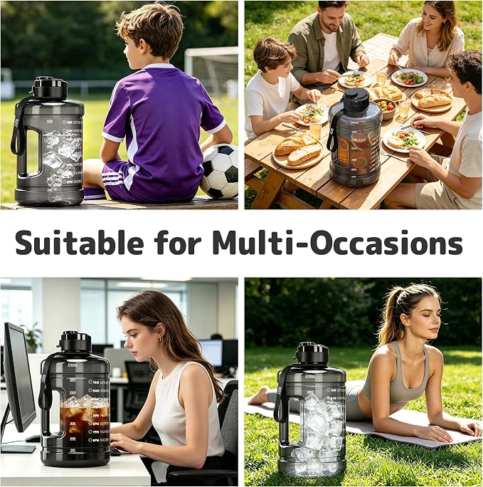 1 Gallon Water Bottle, Water Jug with Time Marker & Straw & Handle,2 Lids | BPA Free,Gallon Water Jug, Half Gallon water Bottle for Sport Gym Camping Workout Outdoors Yoga (Clear Black)