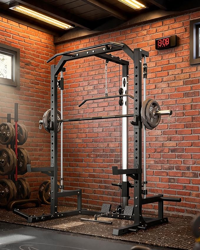 Garvee Smith Machine Home Gym - Multi-Functional Squat Power Rack with Barbell Bar, Cable System, LAT Pulldown, Safety Spotter Arms, J Hooks, Landmine - Strength Training Equipment for Home | With Barbell Bar, Cable System, LAT Pulldown, Safety Spotter...