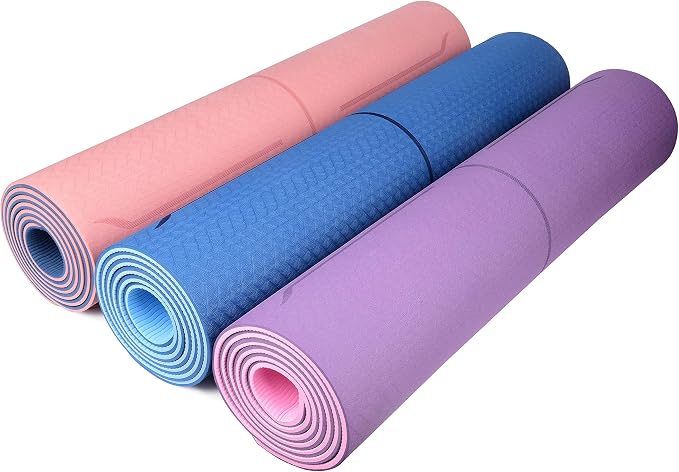 YOGATI® Yoga Mat with Strap with Alignment Lines. Home Workout Mat for Women, Men and Kids. Thick Non Slip Yoga Mat for Pilates and Fitness. Brown, Pink and Purple Yoga Mats