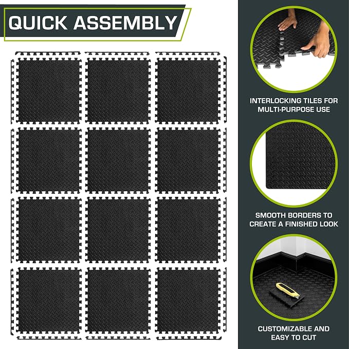ProsourceFit Exercise Puzzle Mat ½-inch, EVA Interlocking Foam Floor Tiles for Home Gym, Workout Equipment, Kids Play Areas, Black, 48 SQ FT - 12 Tiles