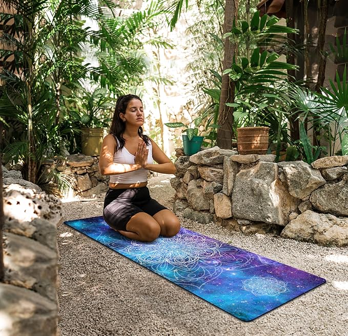 nuveti Printed Travel Yoga Mat 1/16 Inch Thick Non Slip Fitness Workout Mat | with Carrying Bag, Foldable Lightweight Suede & Natural Rubber Yoga Mat for Yoga Pilates and Fitness 72" L x 24" W x 1.5mm