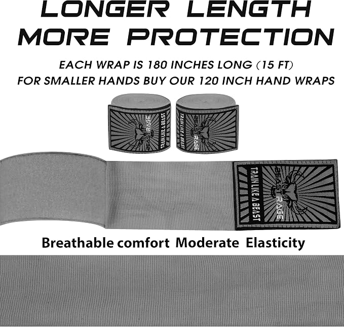 BEAST RAGE Boxing Hand Wraps for MMA Kickboxing Wrist Wraps Professional Adult 180" Semi-Elastic Martial Arts Inner Gloves Heavy Bag Handwraps Muay Thai Thumb Straps