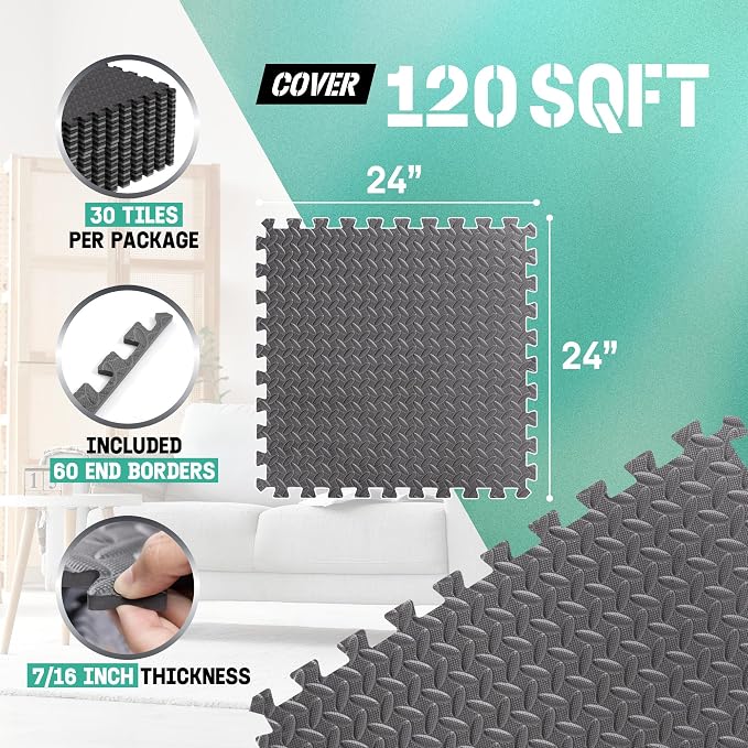Yes4All 24SQFT-120SQFT Puzzle Exercise Mat for Home Gym, EVA Interlocking Foam Floor Tiles with Border for Workout Equipment