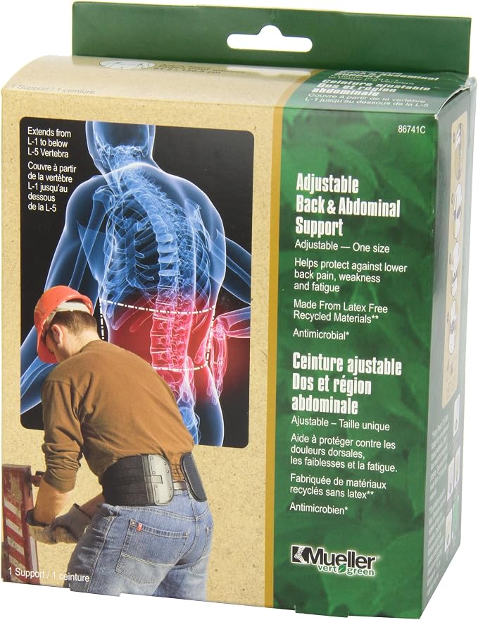Mueller Sports Medicine Adjustable Back & Abdominal Support, Belt, Back Pain Relief Support for Men and Women, Ideal for Lower Back Pain, Weakness, Fatigue, Black, One Size