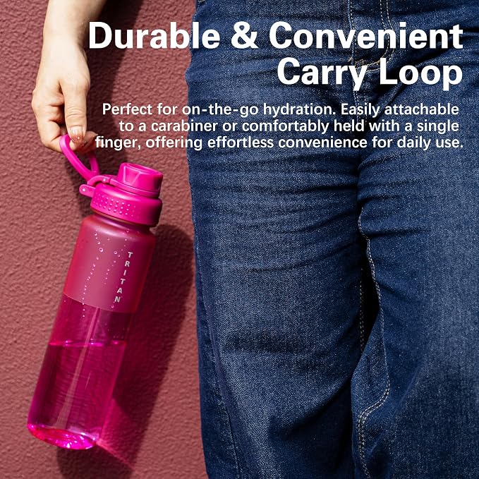 OLDLEY 32 oz Water Bottle with Handle, BPA-Free Tritan Reusable Sports Water Bottle with Leak-Proof Dust Lid, Wide Mouth, Cup Holder Friendly, Half Frosted Clear Bottle for Gym, Travel, Work,Hot Pink