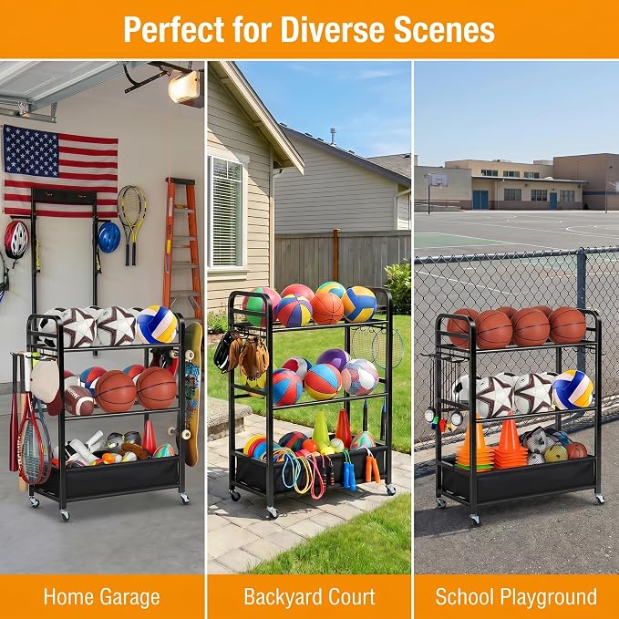 EXTCCT Basketball Rack, Rolling Basketball Shooting Training Stand,Sports Equipment Storage with Wheels, Four-Layer Organizer Holder with Two Basket for Basketballs Footballs Volleyball